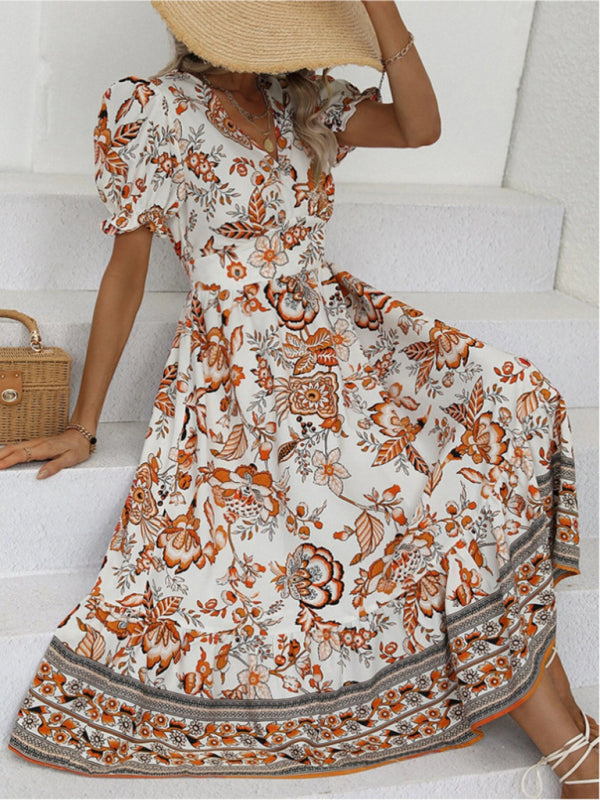 Printed Puff-Sleeve Maxi Dress with Cross Neck – Elegant Spring-Summer Look