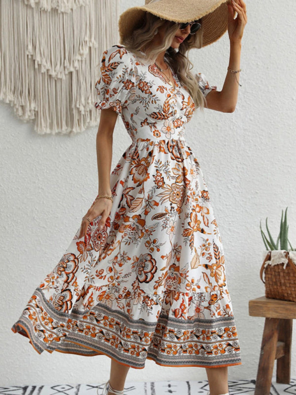 Printed Puff-Sleeve Maxi Dress with Cross Neck – Elegant Spring-Summer Look