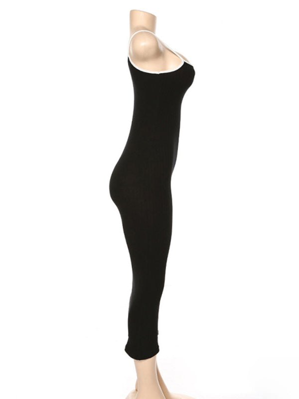 Contrast Color Suspender Slim Midi Dress – Open Back, Knit Stretch