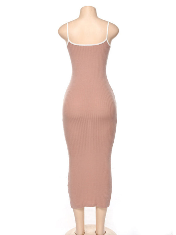 Contrast Color Suspender Slim Midi Dress – Open Back, Knit Stretch
