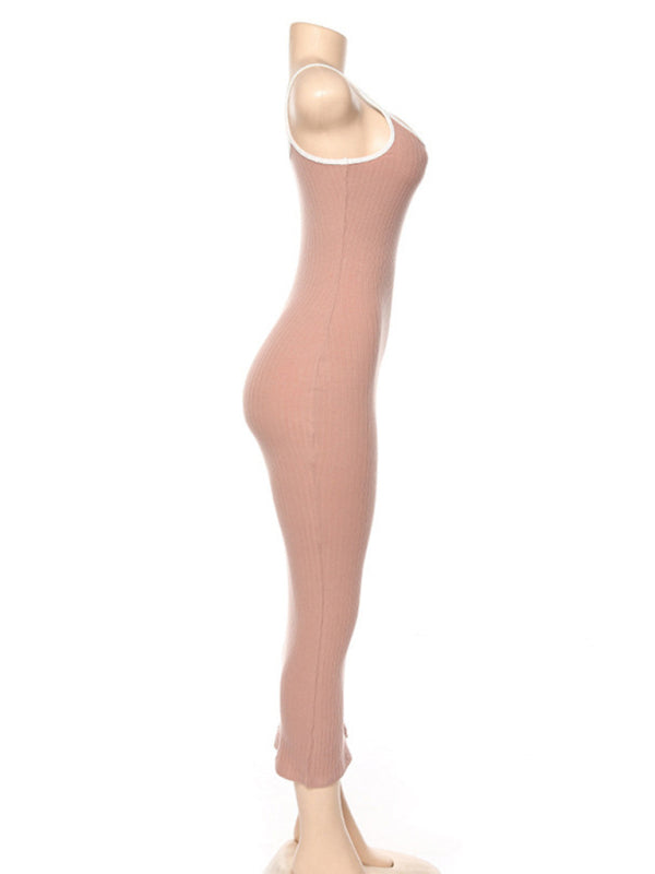 Contrast Color Suspender Slim Midi Dress – Open Back, Knit Stretch