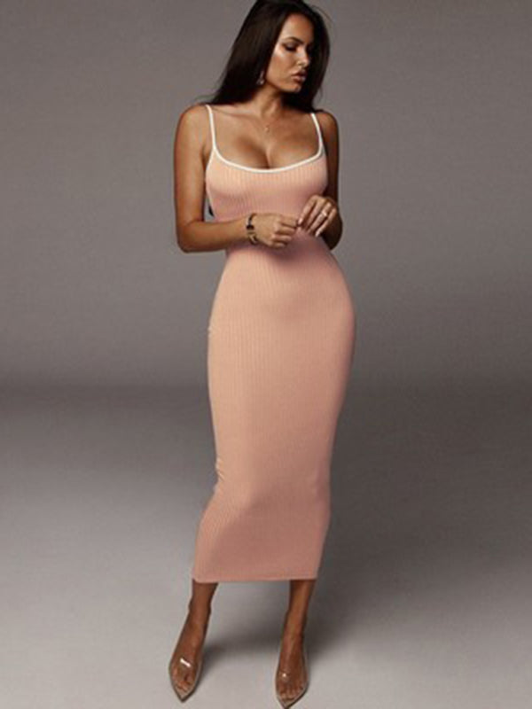 Contrast Color Suspender Slim Midi Dress – Open Back, Knit Stretch