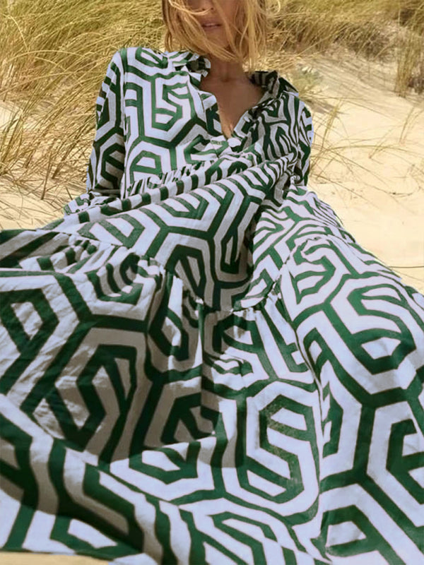 Geometric Print Mid-Waist Shirt Dress – Long Sleeve & Lapel Collar