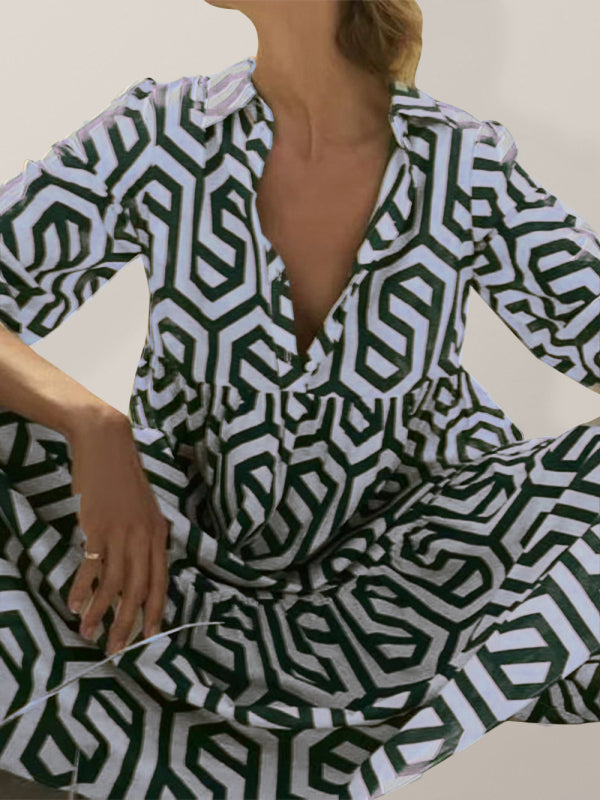 Geometric Print Mid-Waist Shirt Dress – Long Sleeve & Lapel Collar