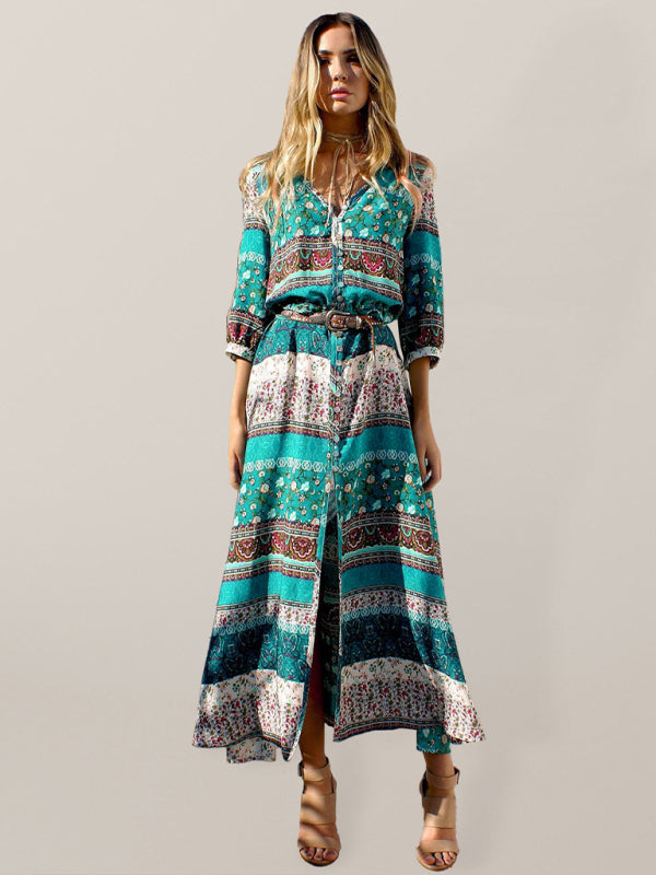 Bohemian Single-Breasted Maxi Dress – Full Print, Woven Cotton Blend