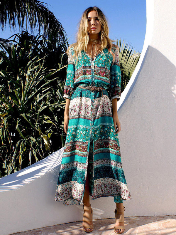 Bohemian Single-Breasted Maxi Dress – Full Print, Woven Cotton Blend