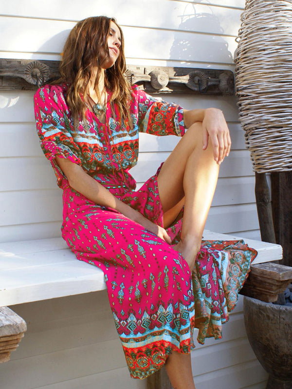 Bohemian Single-Breasted Maxi Dress – Full Print, Woven Cotton Blend
