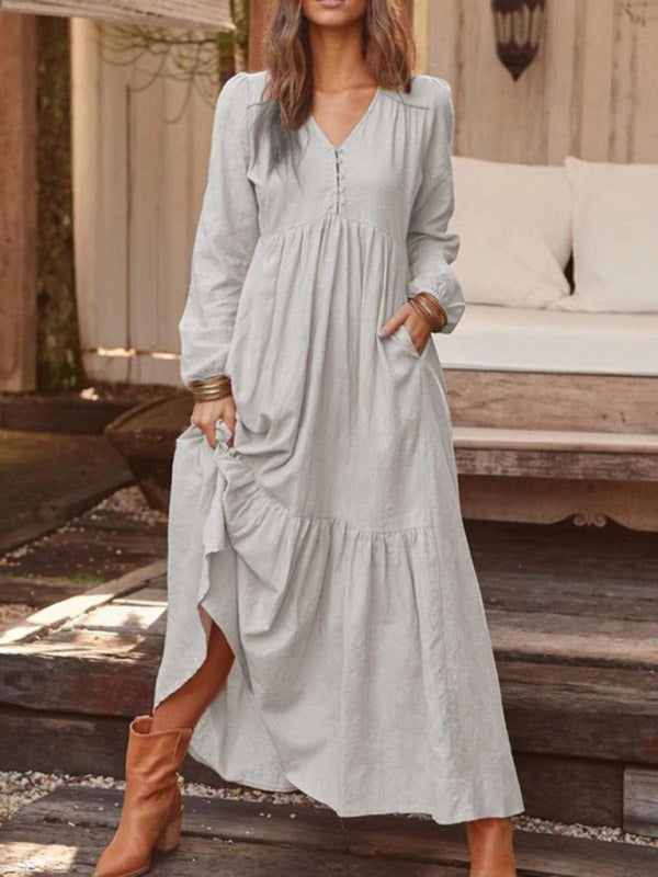 Buttoned Cotton Linen Retro Swing Dress – Long Sleeve, V-Neck, Spring Summer Fit