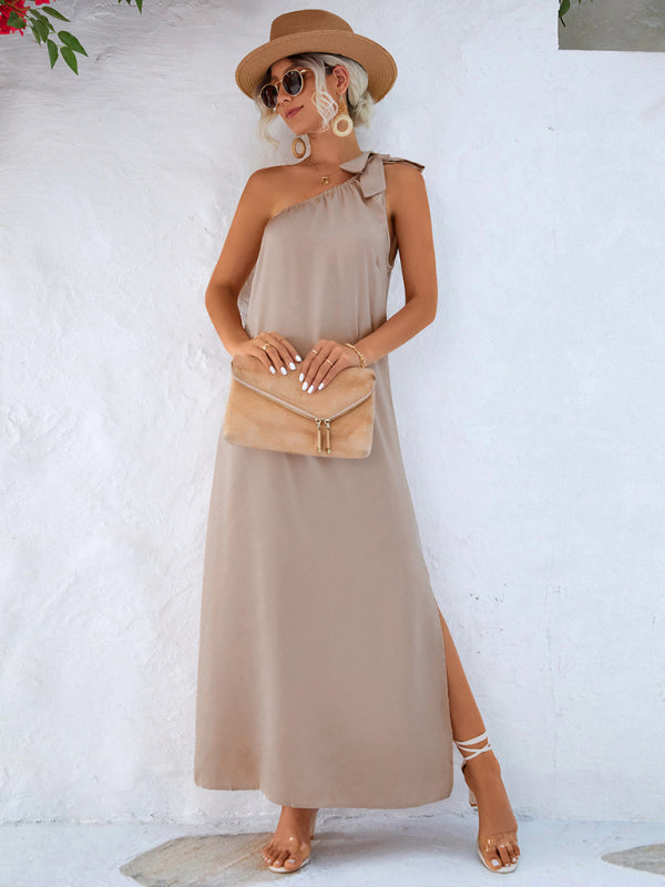 Elegant Satin One-Shoulder Midi Dress – Summer Sleeveless Fit