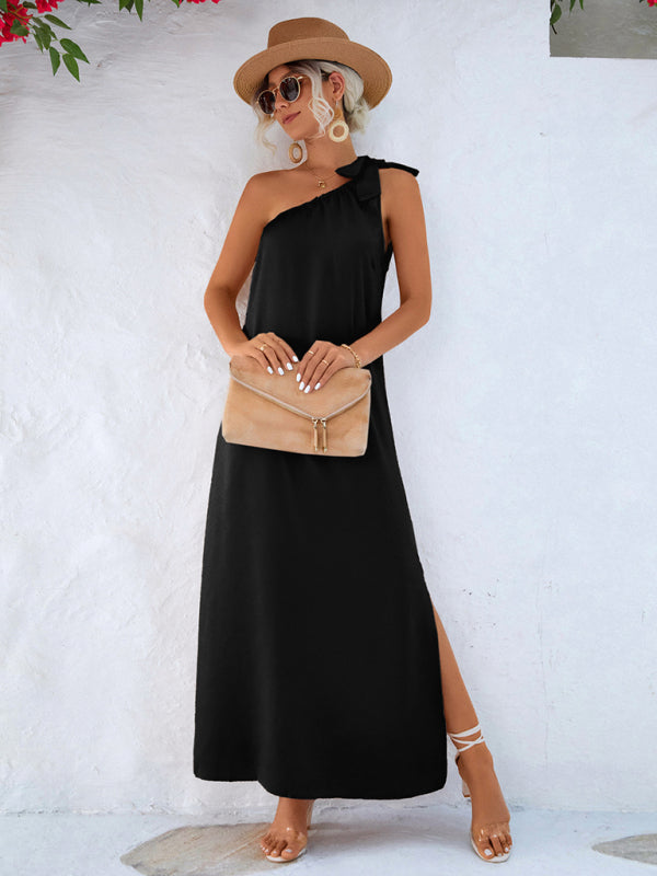 Elegant Satin One-Shoulder Midi Dress – Summer Sleeveless Fit