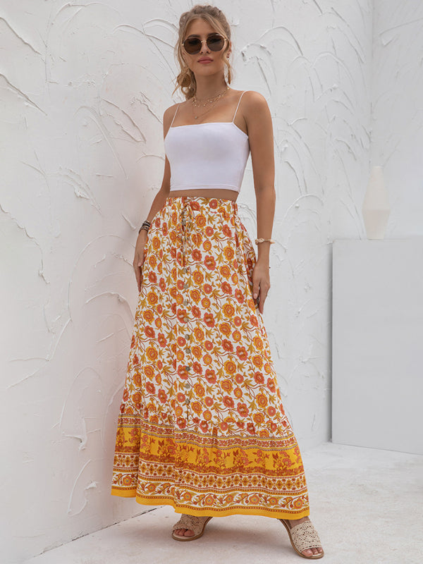 High Waist Printed Slit Skirt with Buttons