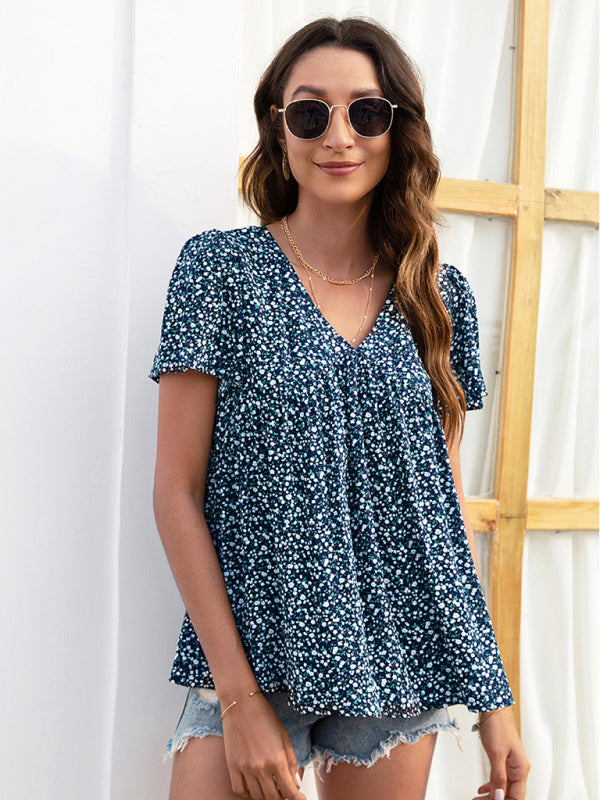 V-Neck Pleated Printed Short Sleeve Blouse