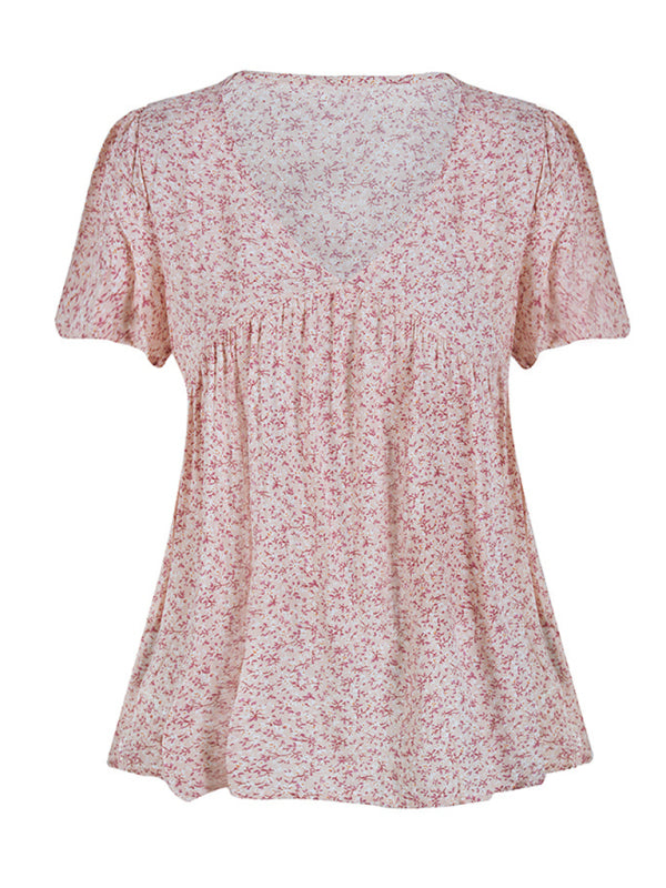 V-Neck Pleated Printed Short Sleeve Blouse