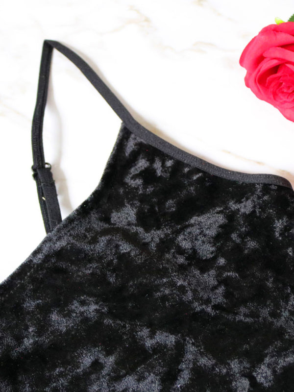 Velvet V-Neck Two-Piece Lingerie Set – Soft Sleepwear for Women