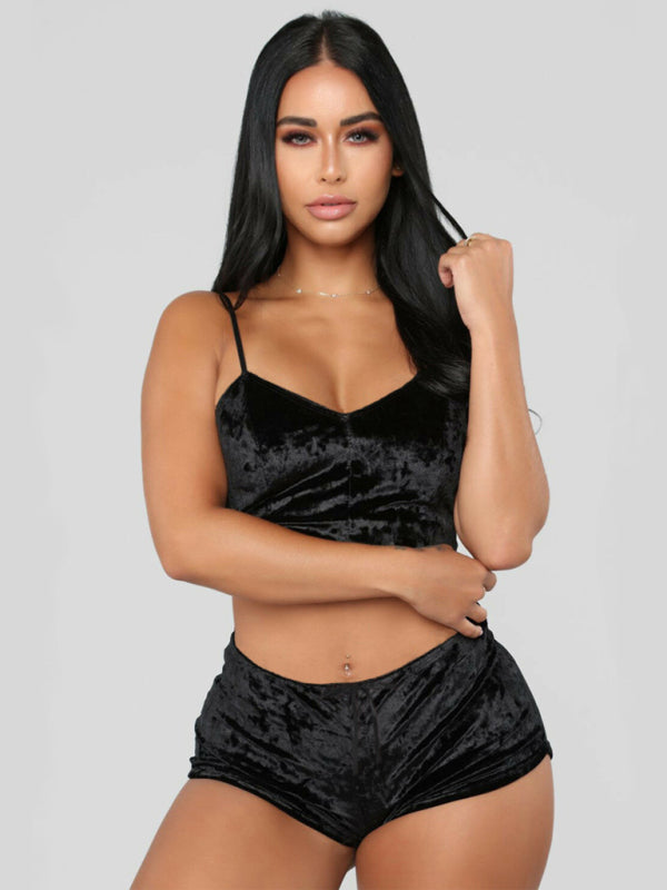 Velvet V-Neck Two-Piece Lingerie Set – Soft Sleepwear for Women
