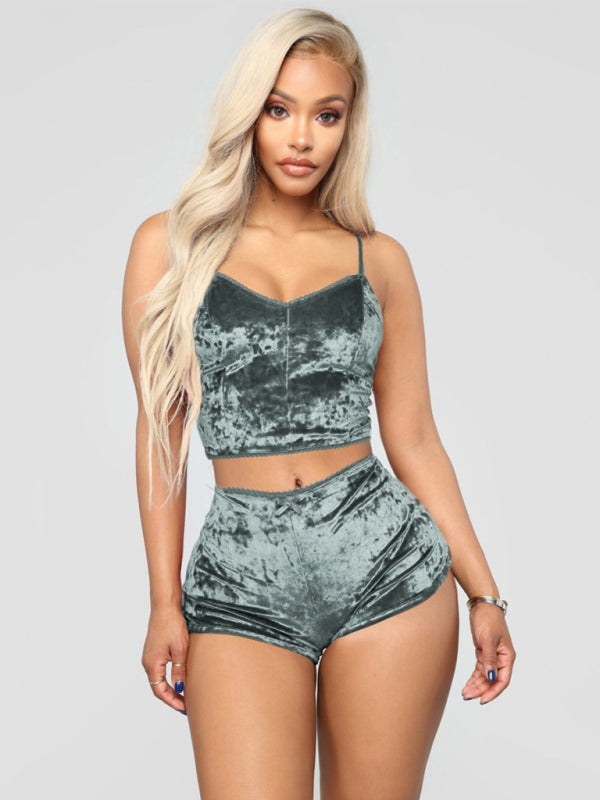 Velvet V-Neck Two-Piece Lingerie Set – Soft Sleepwear for Women