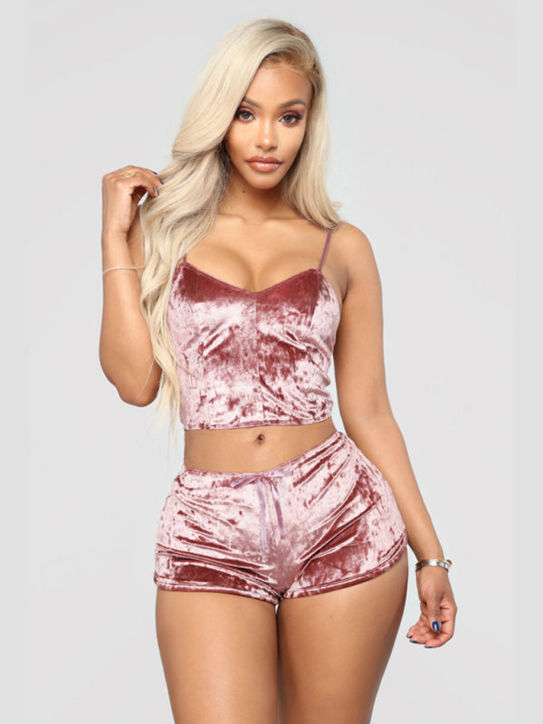 Velvet V-Neck Two-Piece Lingerie Set – Soft Sleepwear for Women
