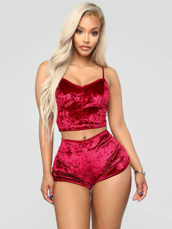 Velvet V-Neck Two-Piece Lingerie Set – Soft Sleepwear for Women