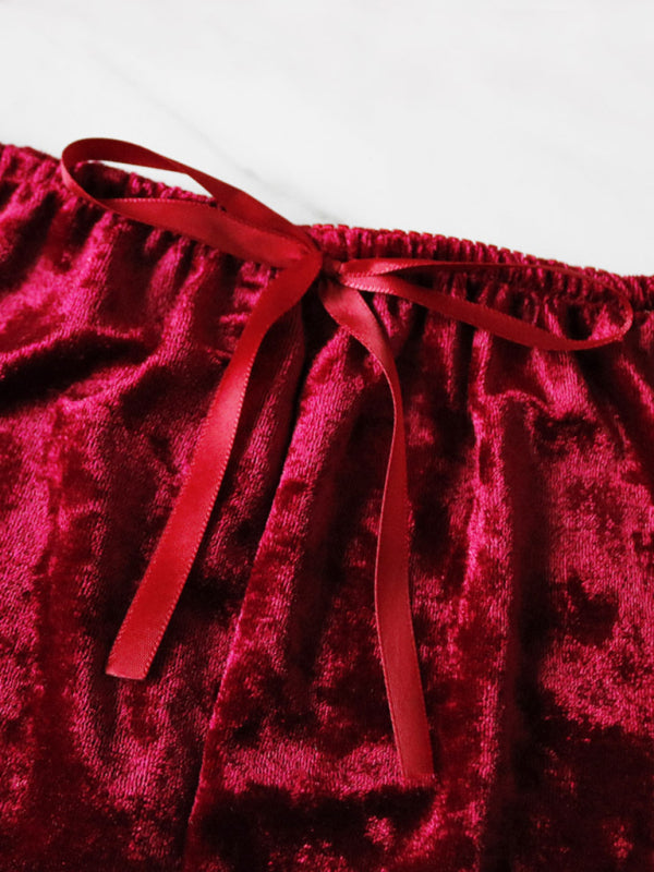 Velvet V-Neck Two-Piece Lingerie Set – Soft Sleepwear for Women