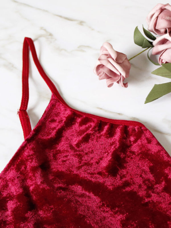 Velvet V-Neck Two-Piece Lingerie Set – Soft Sleepwear for Women