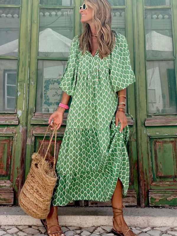 Geometric Puff Sleeve V-Neck Dress – Retro Street Style for Vacations