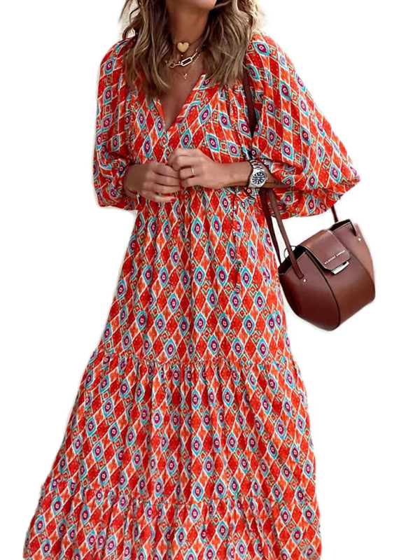 Geometric Puff Sleeve V-Neck Dress – Retro Street Style for Vacations