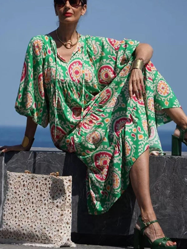 Geometric Puff Sleeve V-Neck Dress – Retro Street Style for Vacations