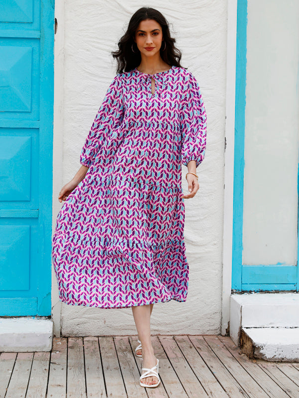 Geometric Puff Sleeve V-Neck Dress – Retro Street Style for Vacations
