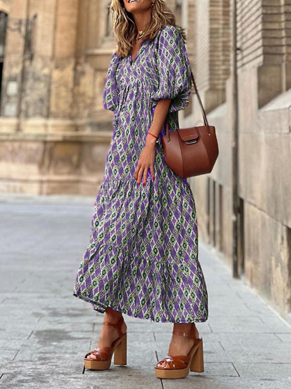 Geometric Puff Sleeve V-Neck Dress – Retro Street Style for Vacations Pattern6
