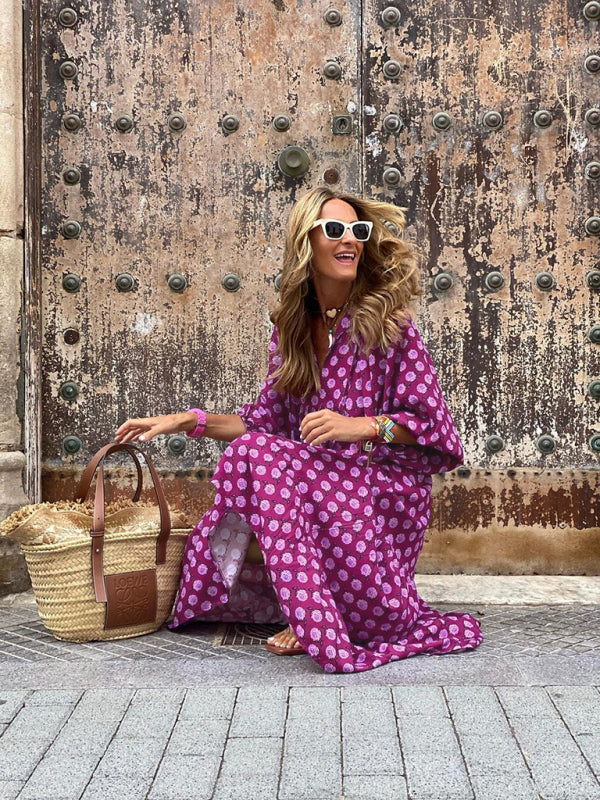 Geometric Puff Sleeve V-Neck Dress – Retro Street Style for Vacations