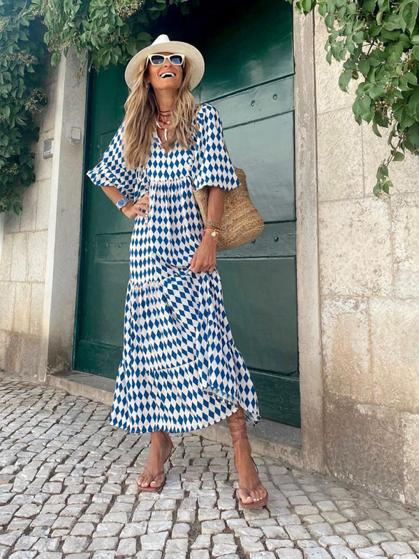 Geometric Puff Sleeve V-Neck Dress – Retro Street Style for Vacations
