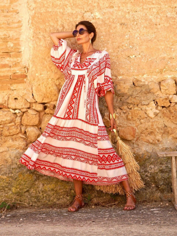 Geometric Puff Sleeve V-Neck Dress – Retro Street Style for Vacations