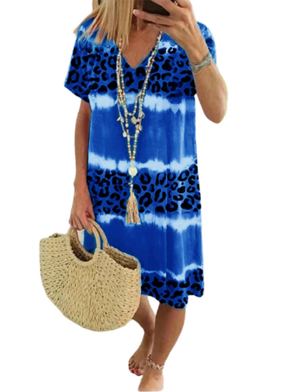 Feminine Leopard Print Midi Dress – Short Sleeve, Spring-Summer Casual Fit