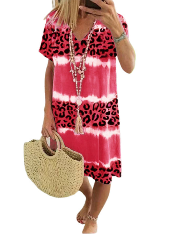 Feminine Leopard Print Midi Dress – Short Sleeve, Spring-Summer Casual Fit