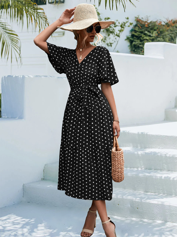 Polka Dot Midi Dress – V-Neck, Flared Sleeves, Lightweight & Wrinkle-Resistant