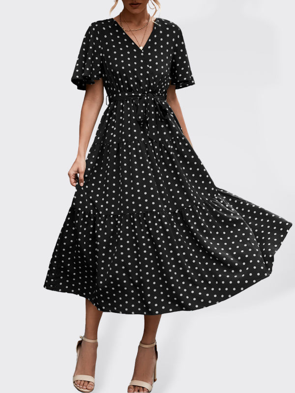Polka Dot Midi Dress – V-Neck, Flared Sleeves, Lightweight & Wrinkle-Resistant