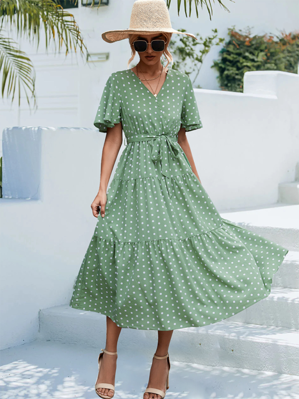 Polka Dot Midi Dress – V-Neck, Flared Sleeves, Lightweight & Wrinkle-Resistant