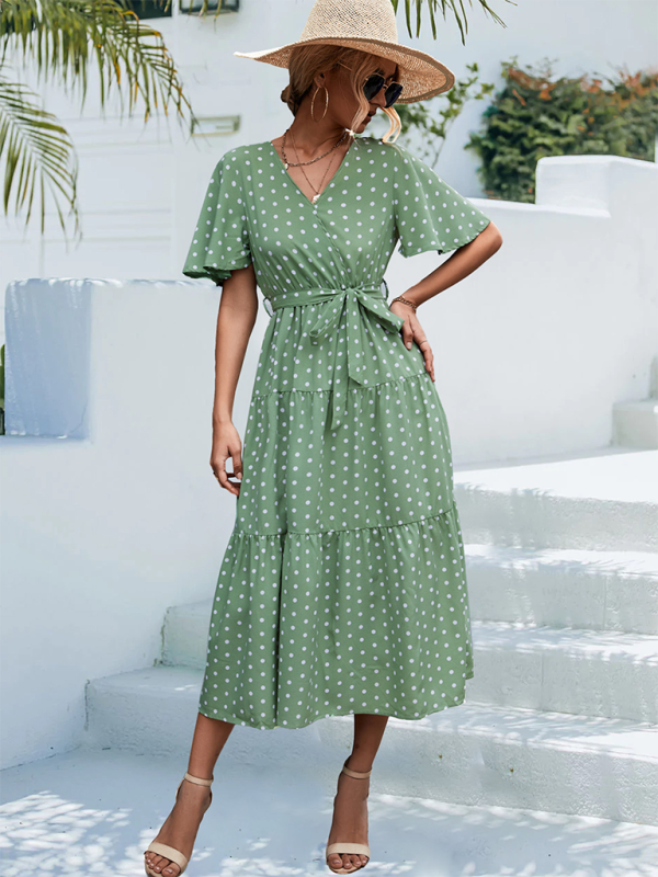 Polka Dot Midi Dress – V-Neck, Flared Sleeves, Lightweight & Wrinkle-Resistant