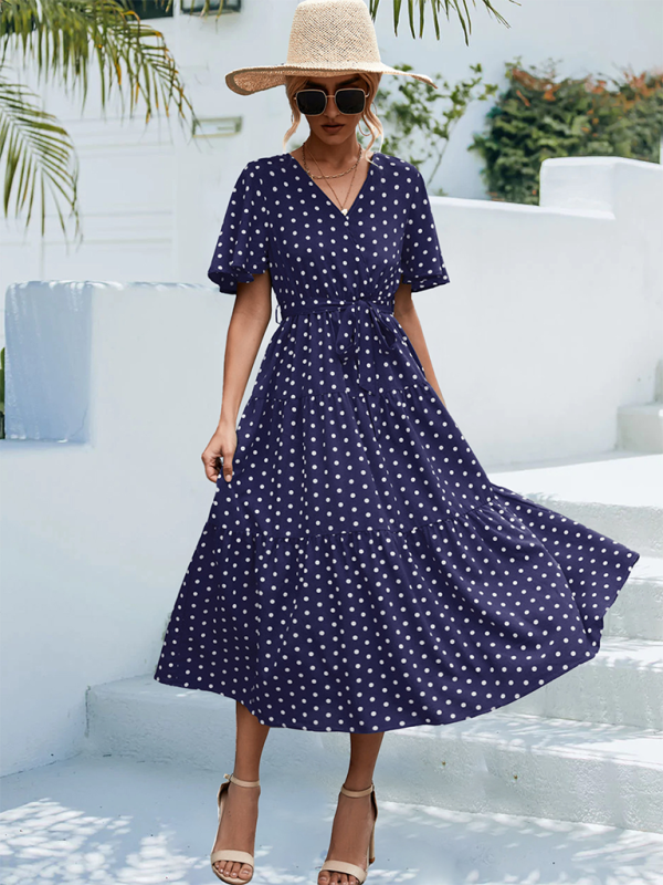 Polka Dot Midi Dress – V-Neck, Flared Sleeves, Lightweight & Wrinkle-Resistant