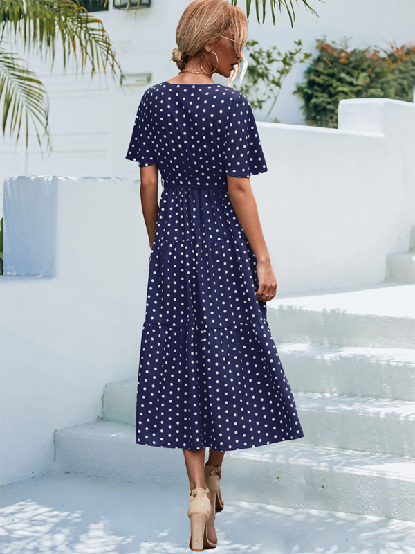 Polka Dot Midi Dress – V-Neck, Flared Sleeves, Lightweight & Wrinkle-Resistant