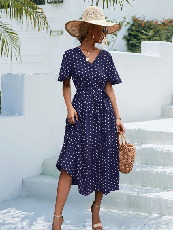 Polka Dot Midi Dress – V-Neck, Flared Sleeves, Lightweight & Wrinkle-Resistant
