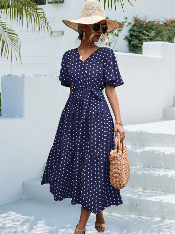 Polka Dot Midi Dress – V-Neck, Flared Sleeves, Lightweight & Wrinkle-Resistant