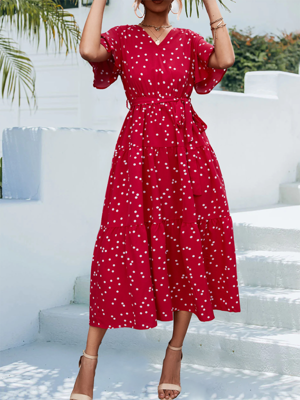 Polka Dot Midi Dress – V-Neck, Flared Sleeves, Lightweight & Wrinkle-Resistant