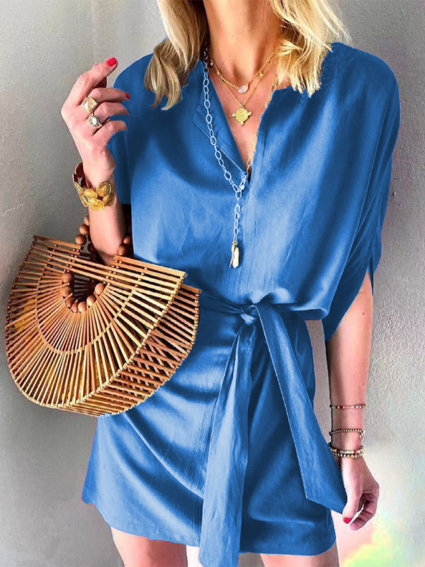 Solid Half Sleeve Tie Waist Midi Dress – V-Neck Casual Dress for Spring & Summer
