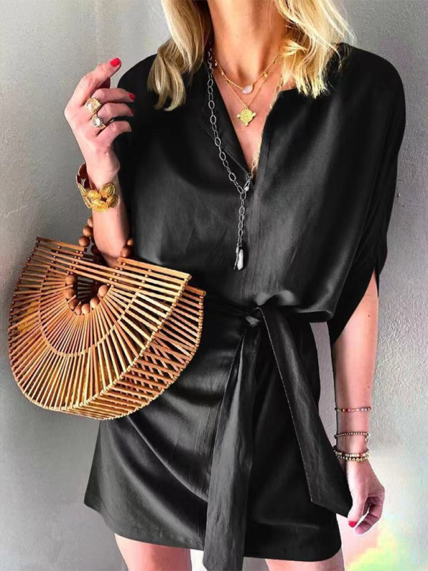 Solid Half Sleeve Tie Waist Midi Dress – V-Neck Casual Dress for Spring & Summer