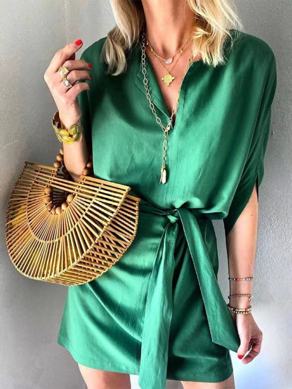 Solid Half Sleeve Tie Waist Midi Dress – V-Neck Casual Dress for Spring & Summer