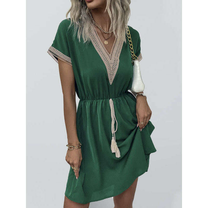 short-sleeve-lace-panel-casual-dress-–-v-neck-high-waist-lightweightsmiling-maria---everything-for-women-34655768