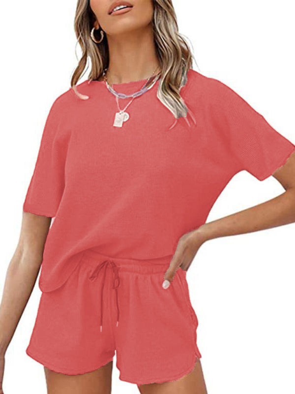 Waffle Knit Cotton Loungewear Set – Short Sleeve Top & Shorts Two-Piece