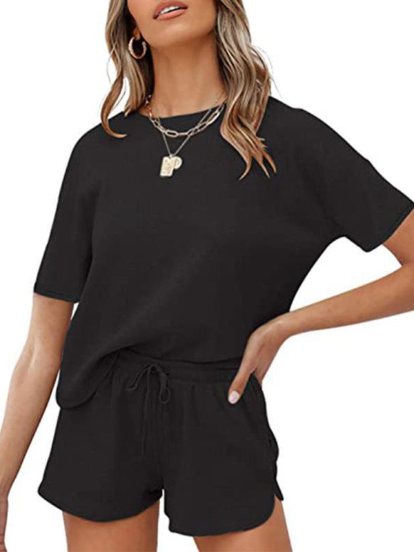 Waffle Knit Cotton Loungewear Set – Short Sleeve Top & Shorts Two-Piece