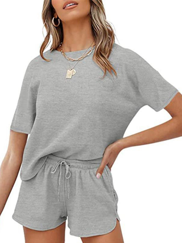 Waffle Knit Cotton Loungewear Set – Short Sleeve Top & Shorts Two-Piece